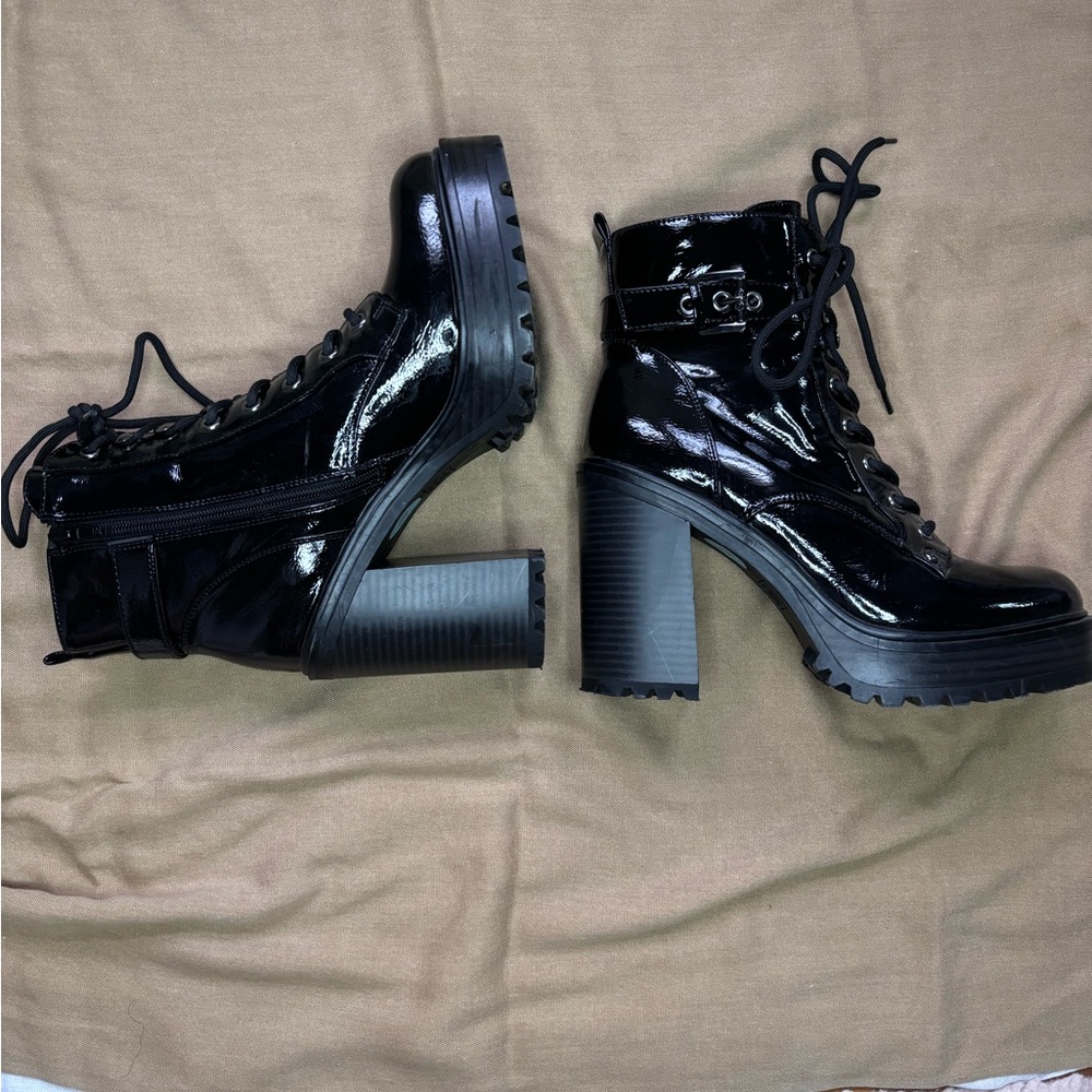Black GBG Faux Leather Chunky Heel Boots
